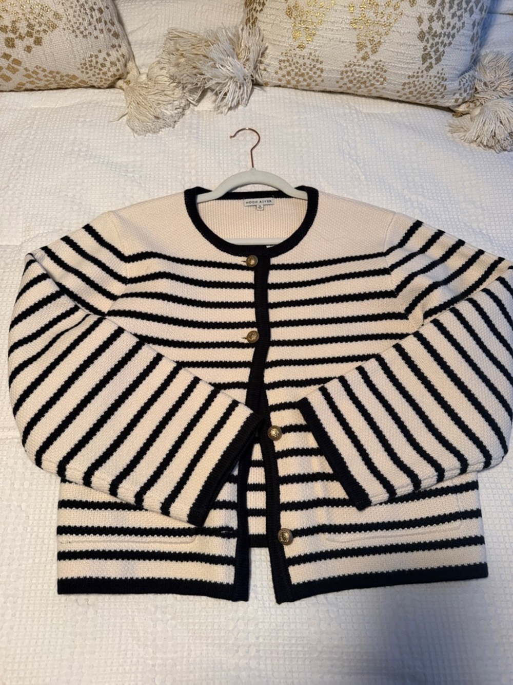 Moon River Cream and Dark Navy Striped Knit Cardigan